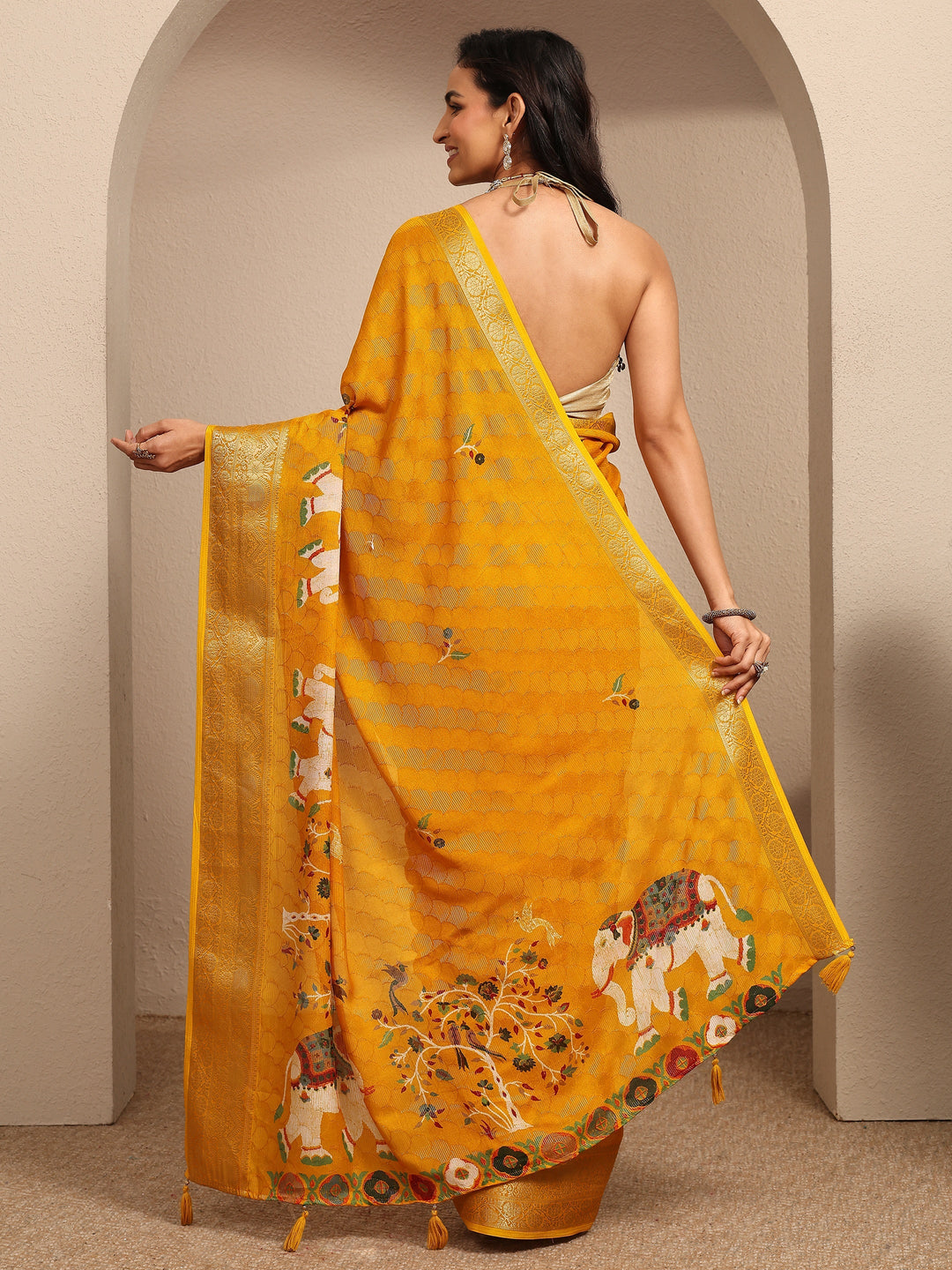  Mustard Woven Design Silk Blend Saree With Unstitched Blouse Piece 