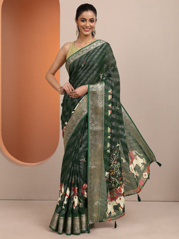 Green Printed Silk Blend Saree With Unstitched Blouse Piece