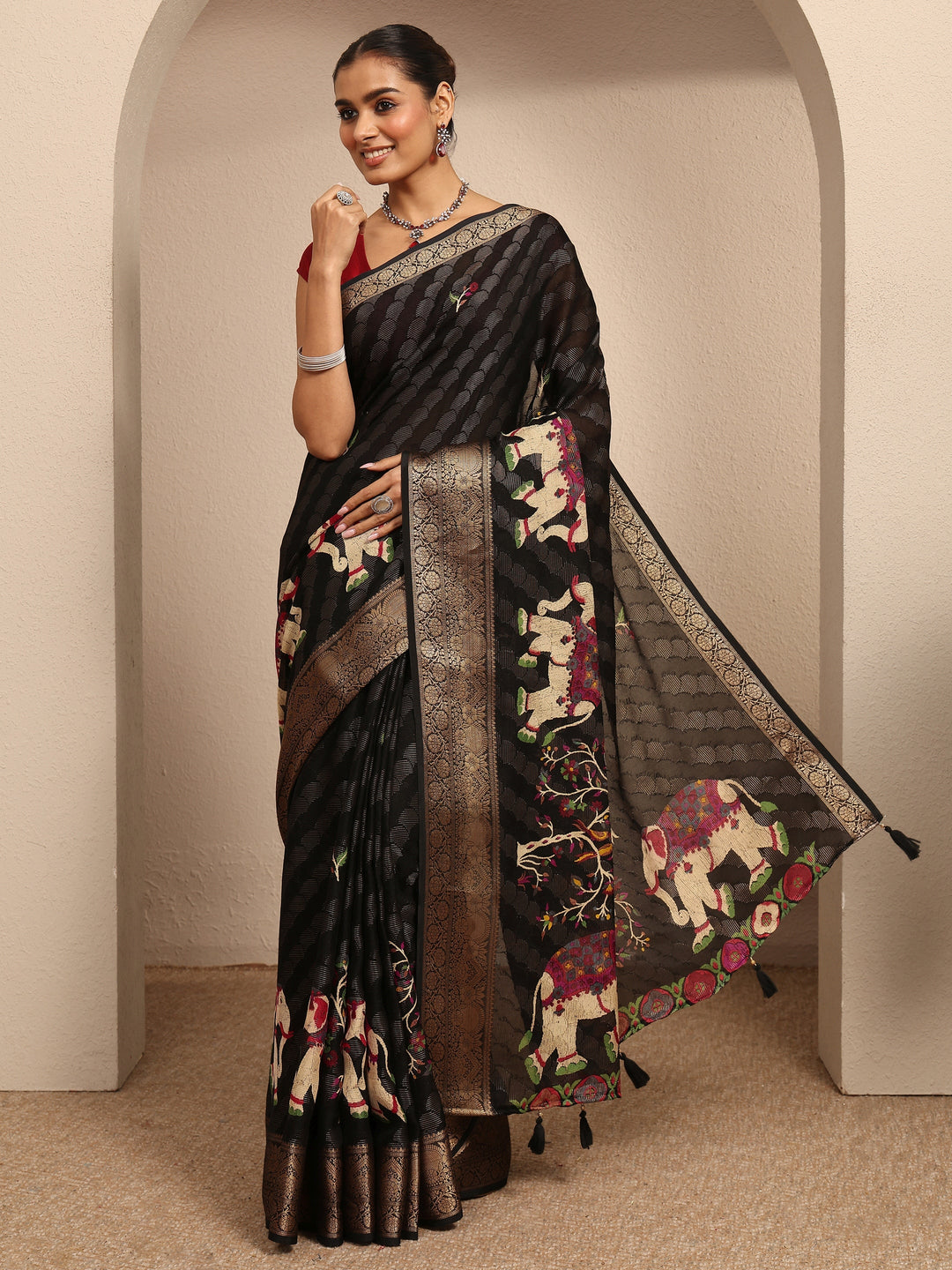  Black Woven Design Silk Blend Saree With Unstitched Blouse Piece 