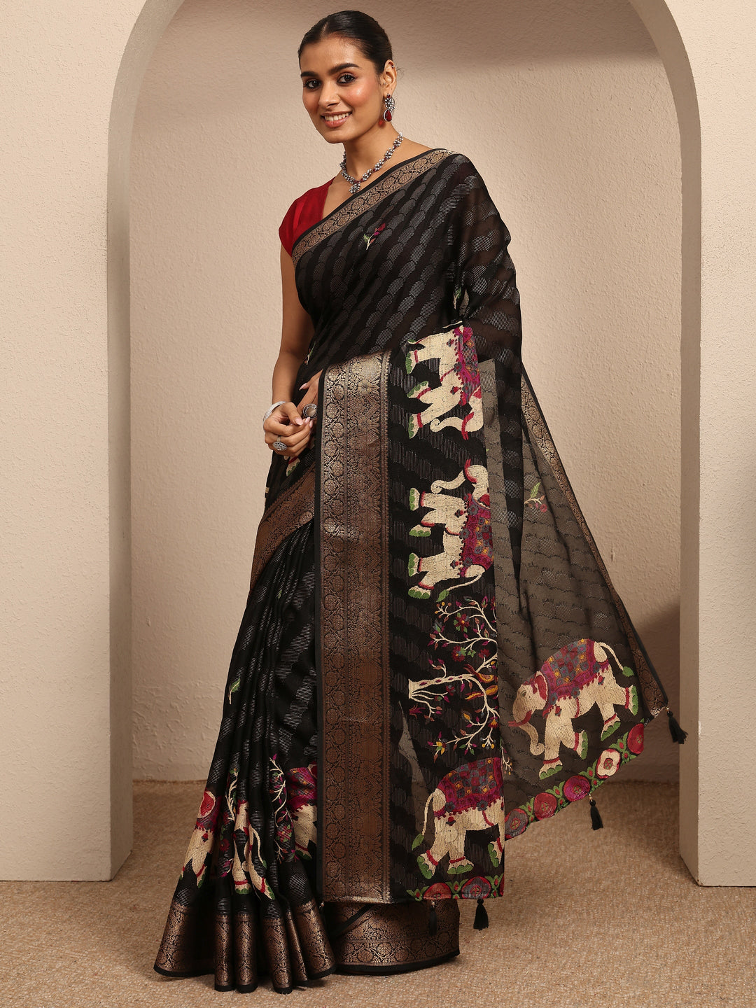  Black Woven Design Silk Blend Saree With Unstitched Blouse Piece 