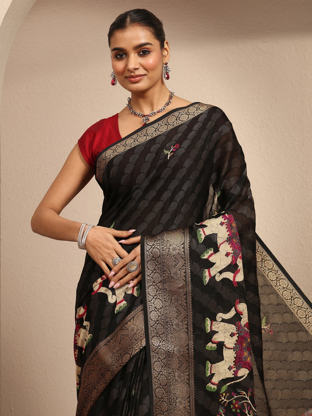  Black Woven Design Silk Blend Saree With Unstitched Blouse Piece 