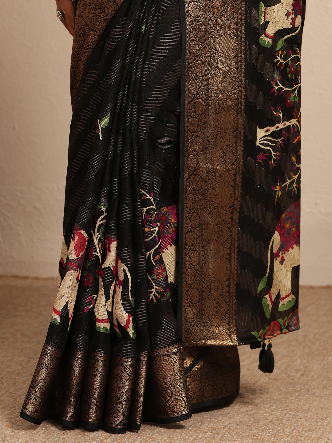  Black Woven Design Silk Blend Saree With Unstitched Blouse Piece 