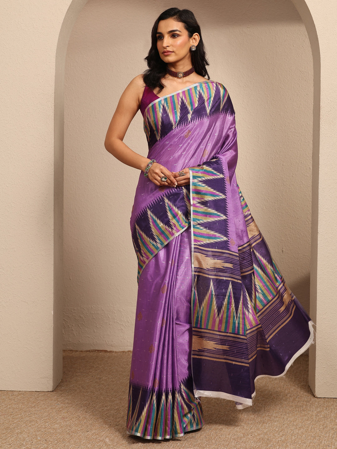 Lavender Ikat Printed Silk Blend Saree With Unstitched Blouse Piece