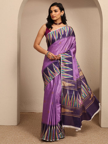 Lavender Ikat Printed Silk Blend Saree With Unstitched Blouse Piece