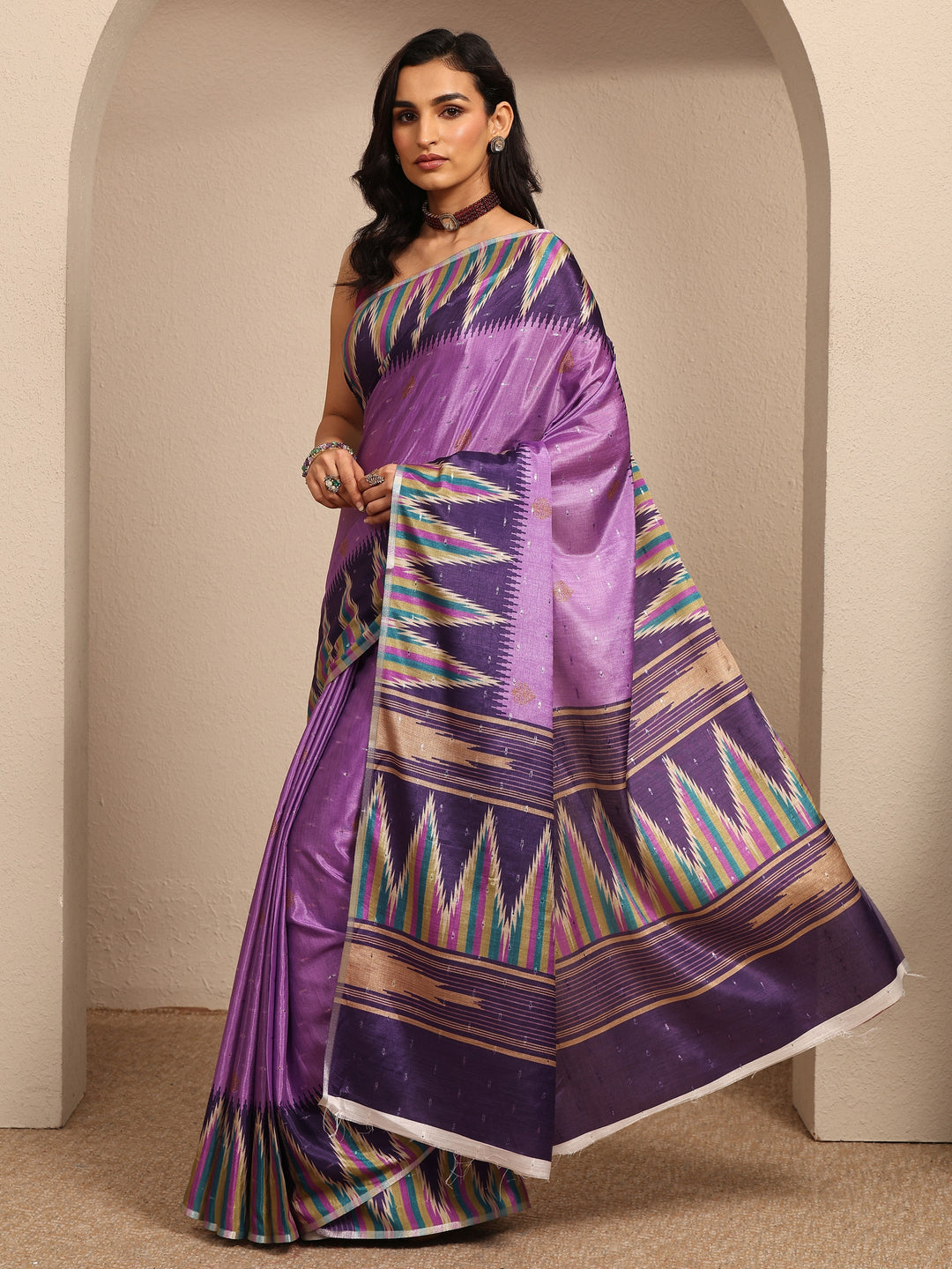  Lavender Ikat Printed Silk Blend Saree With Unstitched Blouse Piece 