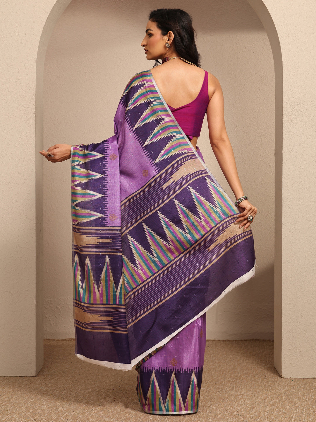  Lavender Ikat Printed Silk Blend Saree With Unstitched Blouse Piece 