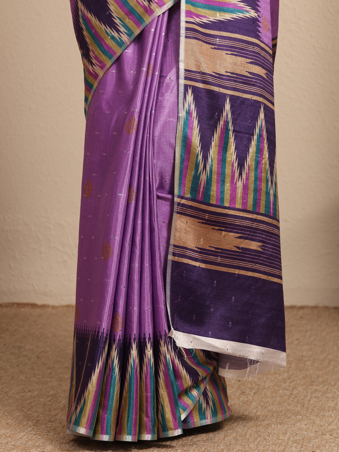  Lavender Ikat Printed Silk Blend Saree With Unstitched Blouse Piece 