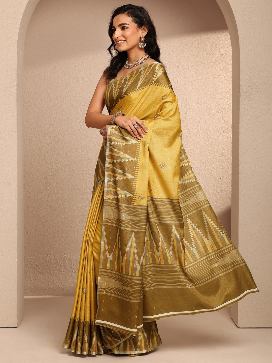  Mustard Ikat Printed Silk Blend Saree With Unstitched Blouse Piece 