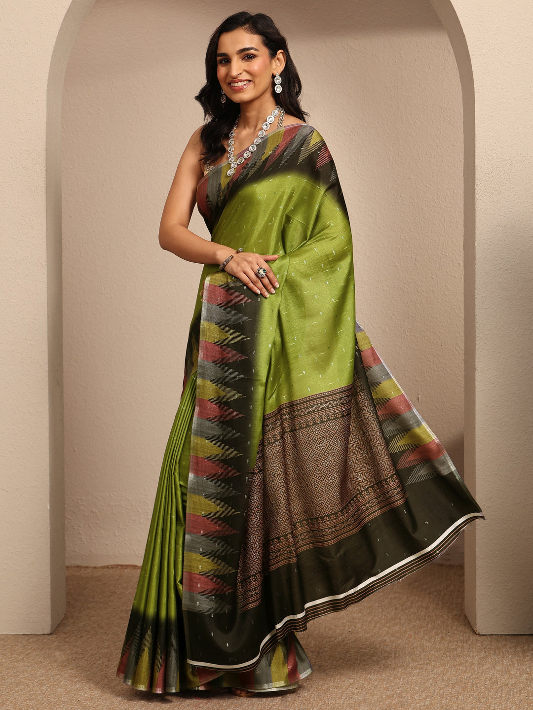  Olive Woven Design Silk Blend Saree With Unstitched Blouse Piece 