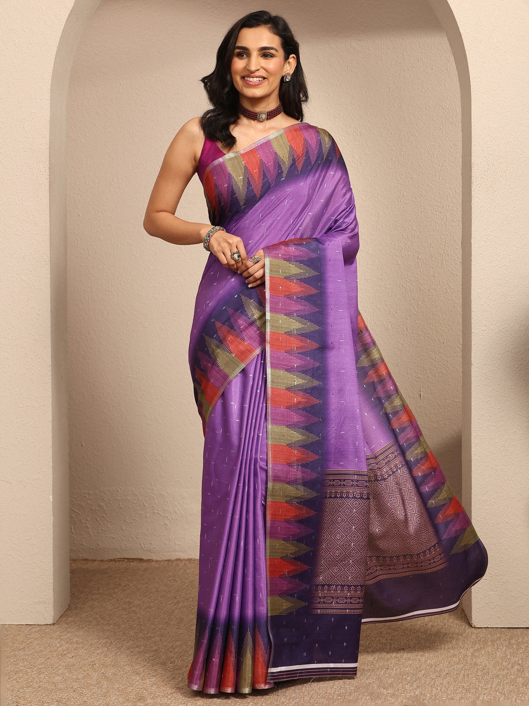  Purple Ikat Woven Design Silk Blend Saree With Unstitched Blouse Piece 