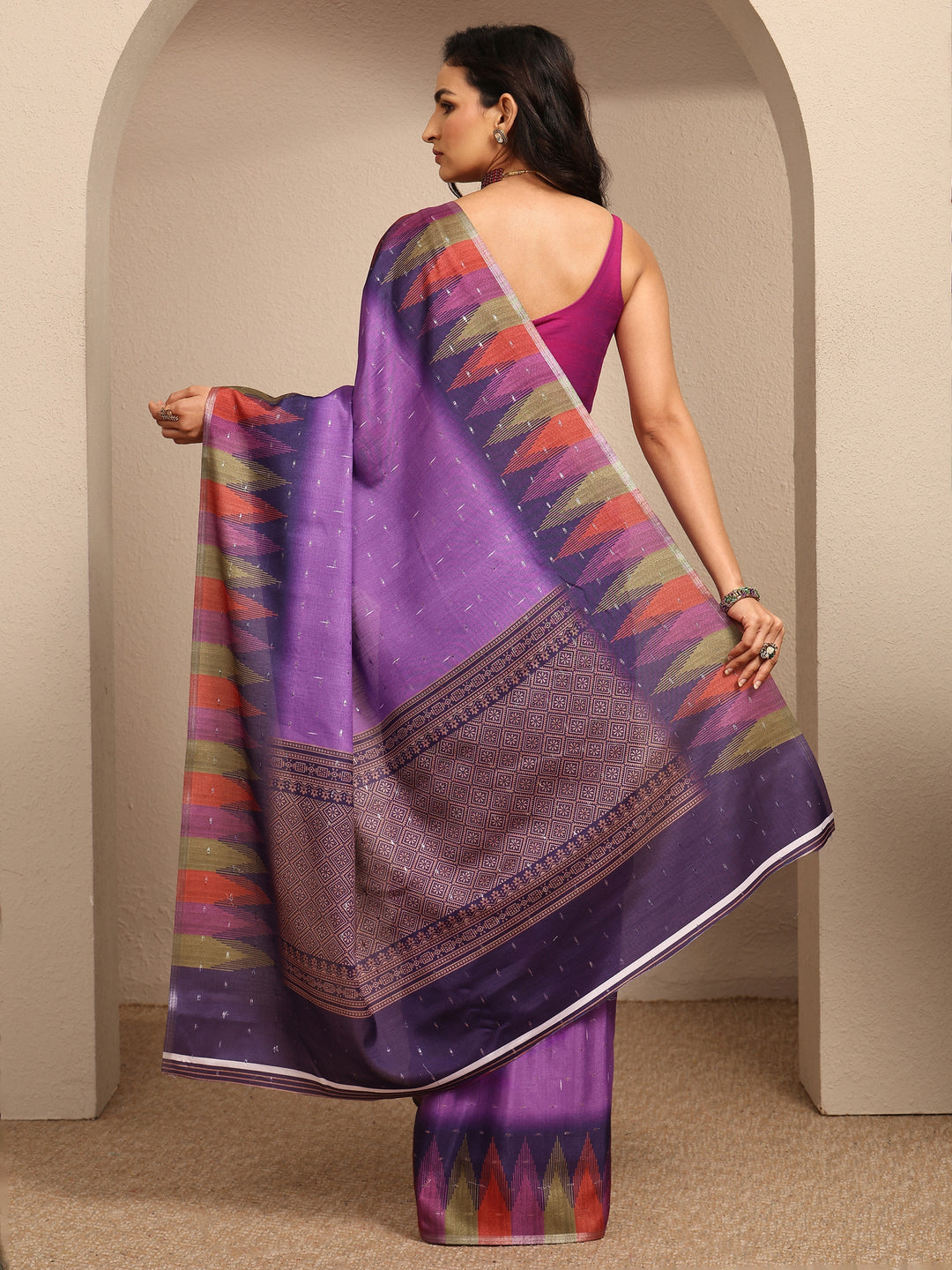  Purple Ikat Woven Design Silk Blend Saree With Unstitched Blouse Piece 