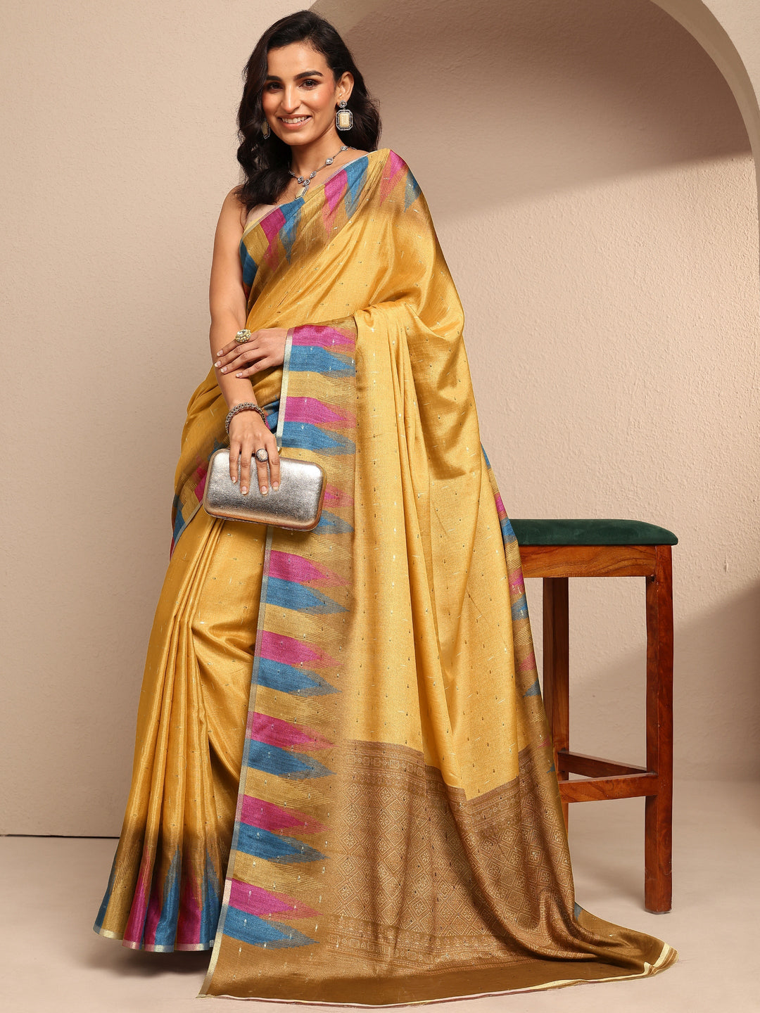 Mustard Woven Design Silk Blend Saree With Unstitched Blouse Piece