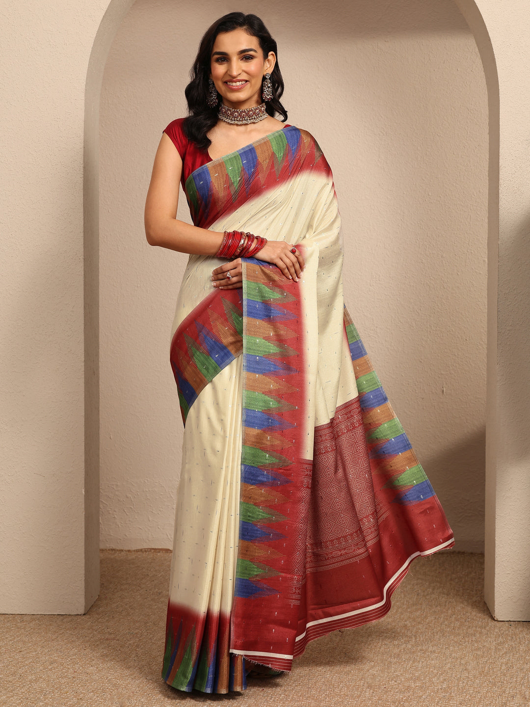  Cream Ikat Woven Design Silk Blend Saree With Unstitched Blouse Piece 