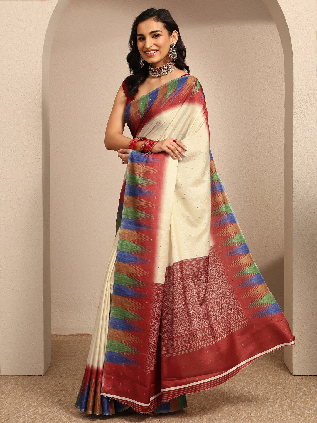  Cream Ikat Woven Design Silk Blend Saree With Unstitched Blouse Piece 