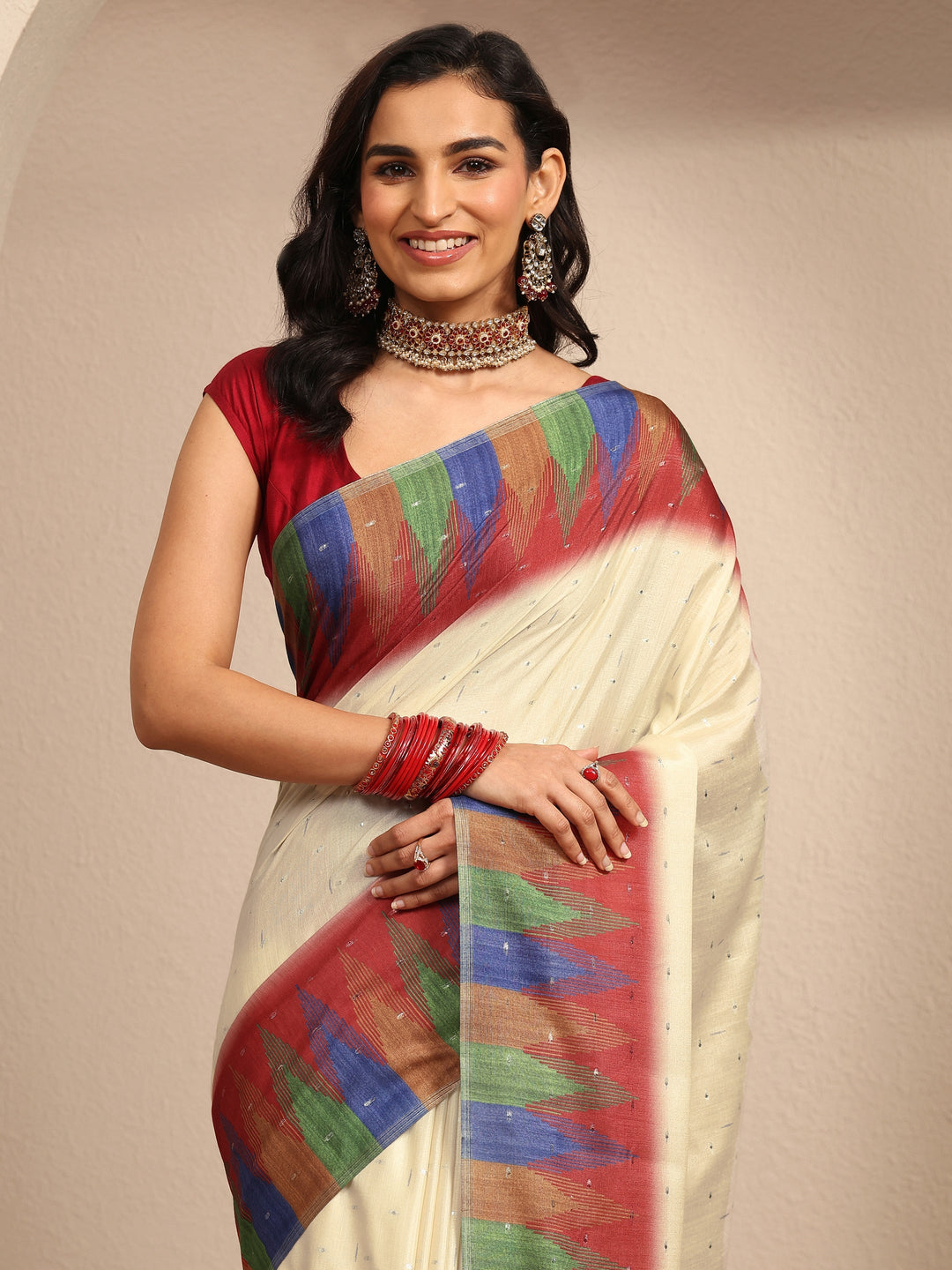  Cream Ikat Woven Design Silk Blend Saree With Unstitched Blouse Piece 