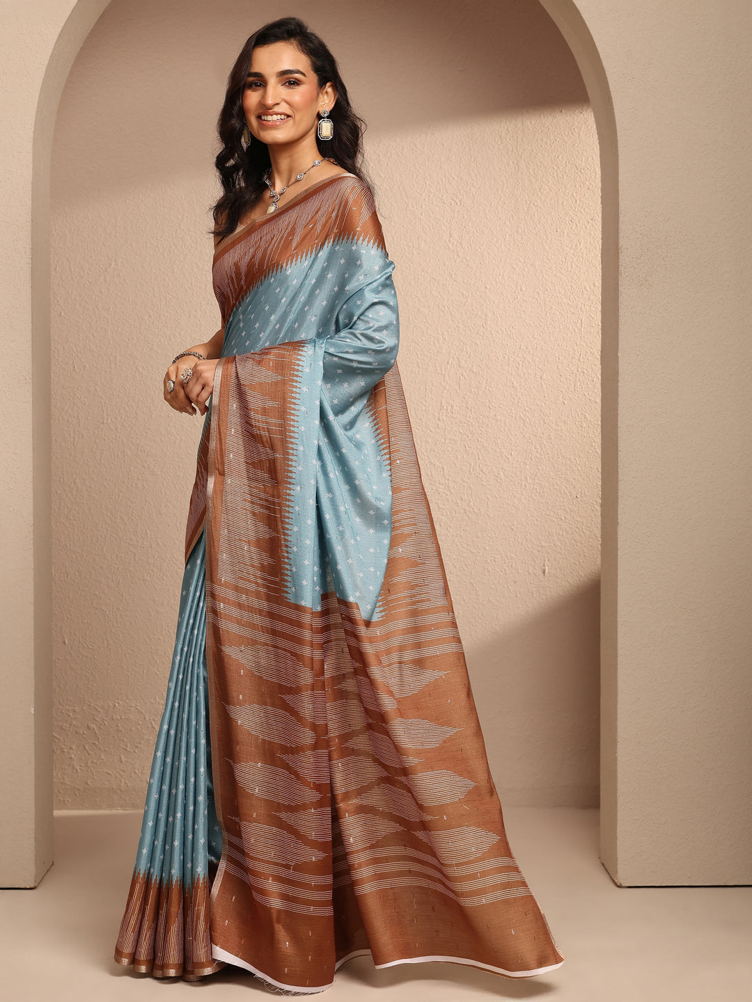  Blue Woven Design Silk Blend Saree With Unstitched Blouse Piece 