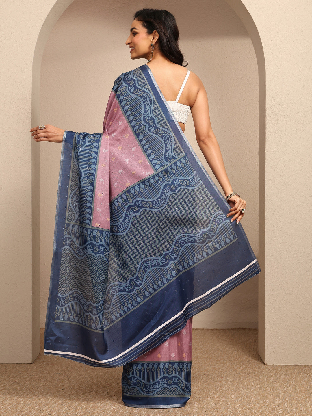  Mauve Printed Silk Blend Saree With Unstitched Blouse Piece 