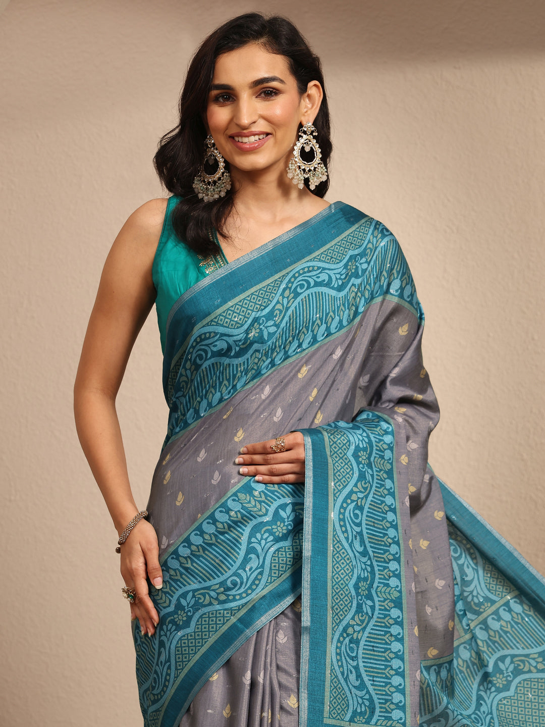  Grey Ikat Printed Silk Blend Saree With Unstitched Blouse Piece 