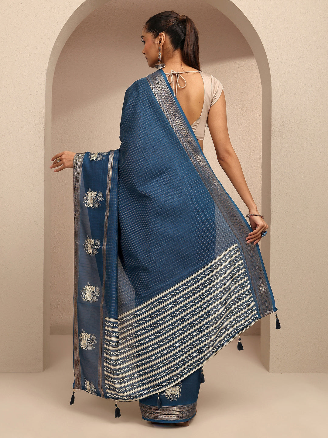  Blue Embellished Silk Blend Saree With Unstitched Blouse Piece 