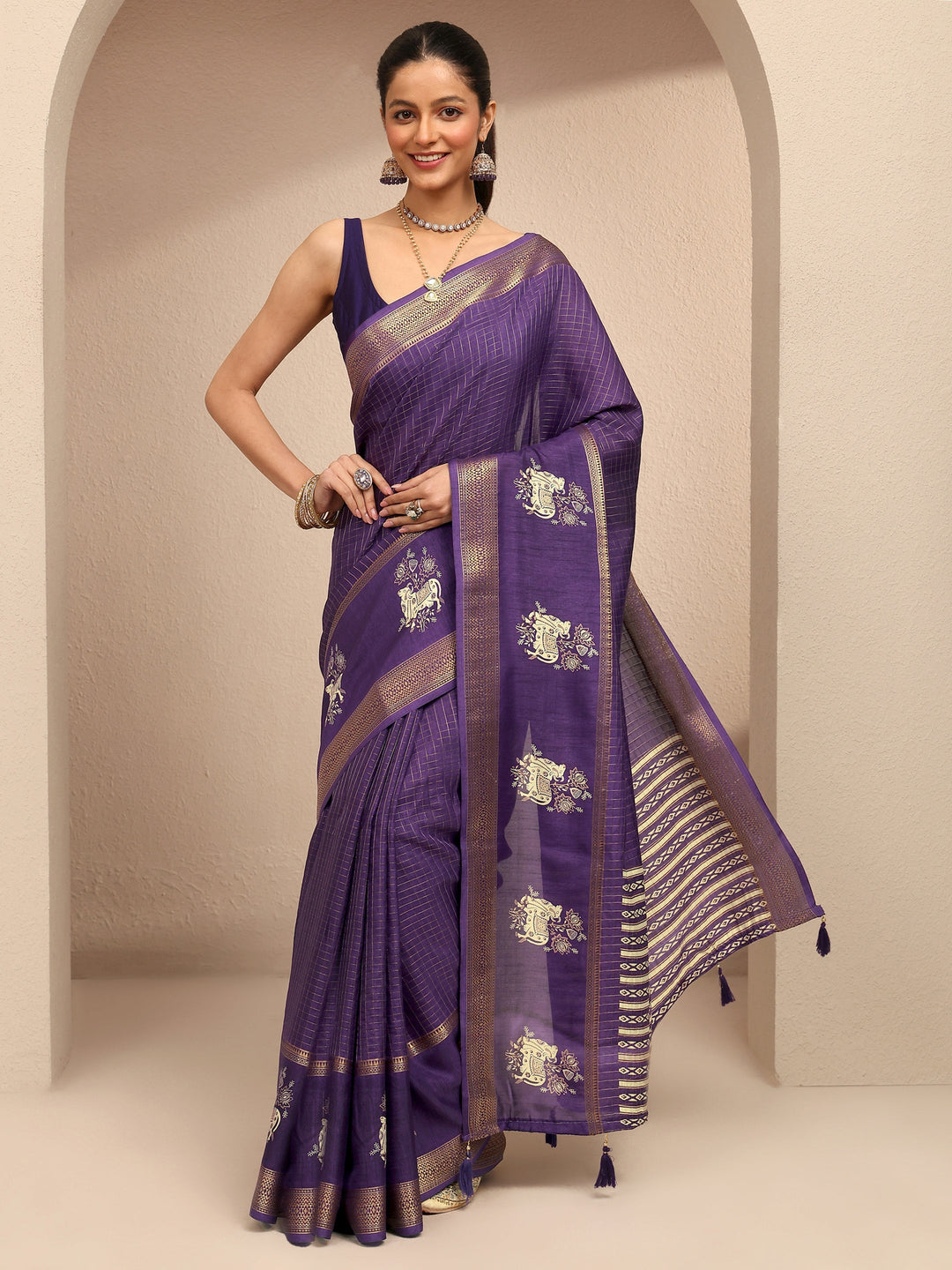  Purple Printed Silk Blend Saree With Unstitched Blouse Piece 