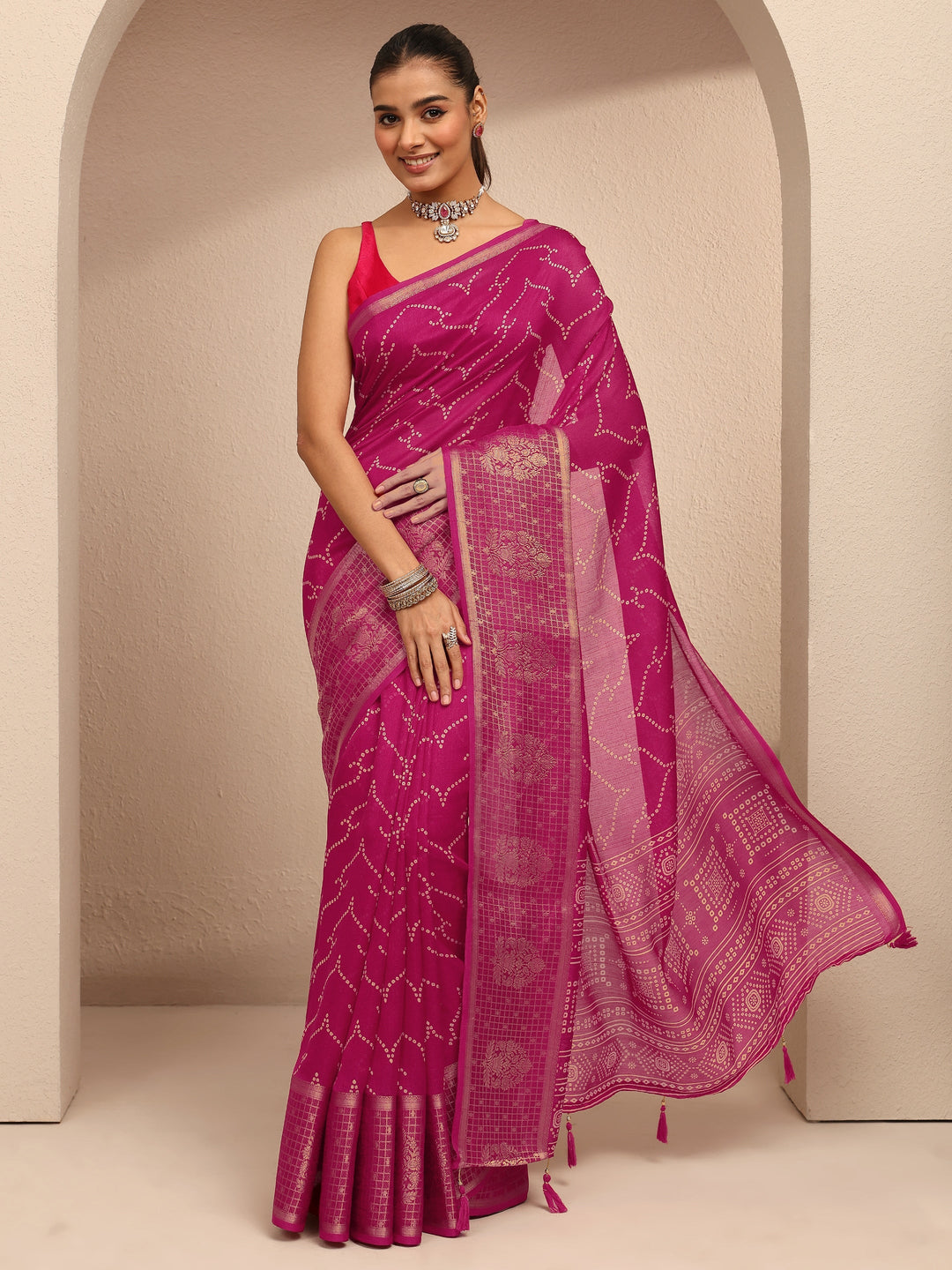  Pink Bandhani Printed Silk Blend Saree With Unstitched Blouse Piece 
