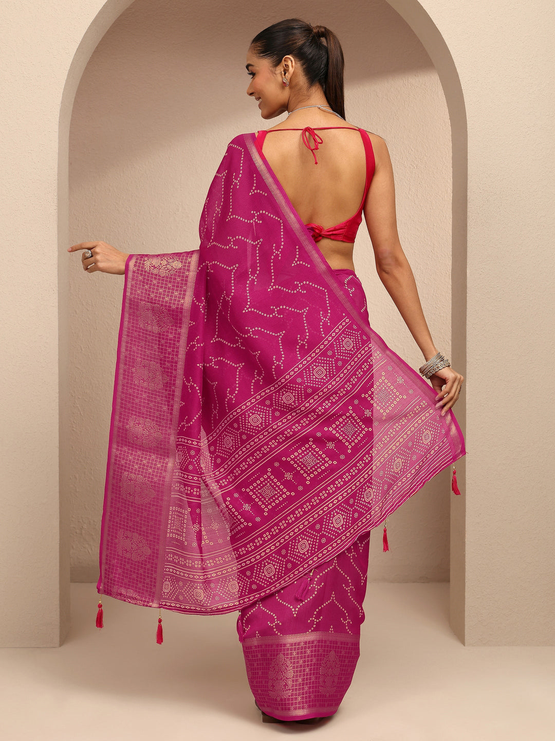  Pink Bandhani Printed Silk Blend Saree With Unstitched Blouse Piece 