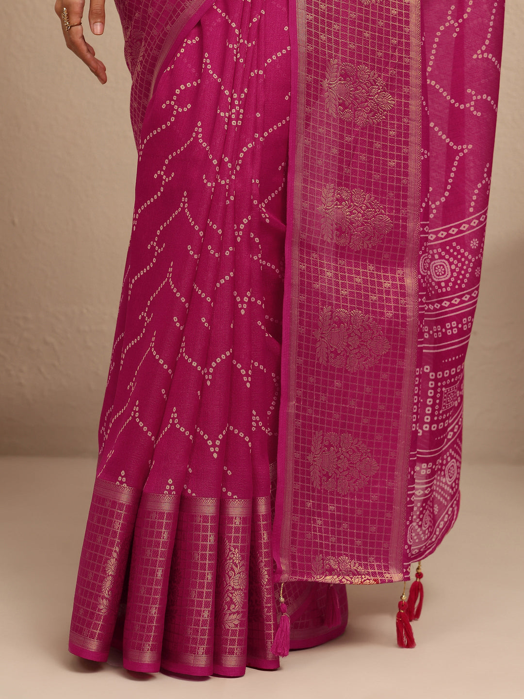  Pink Bandhani Printed Silk Blend Saree With Unstitched Blouse Piece 