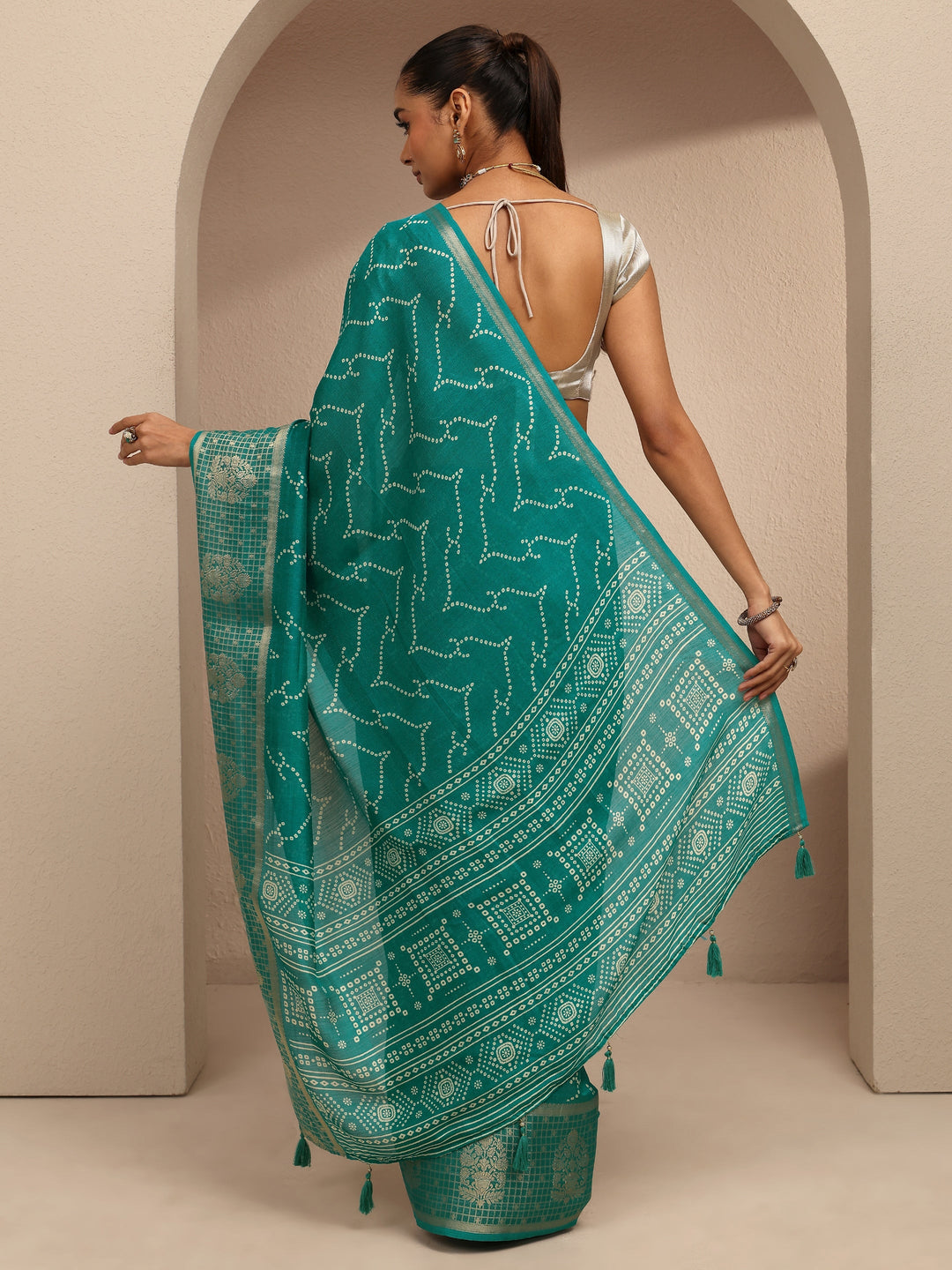  Blue Bandhani Printed Silk Blend Saree With Unstitched Blouse Piece 