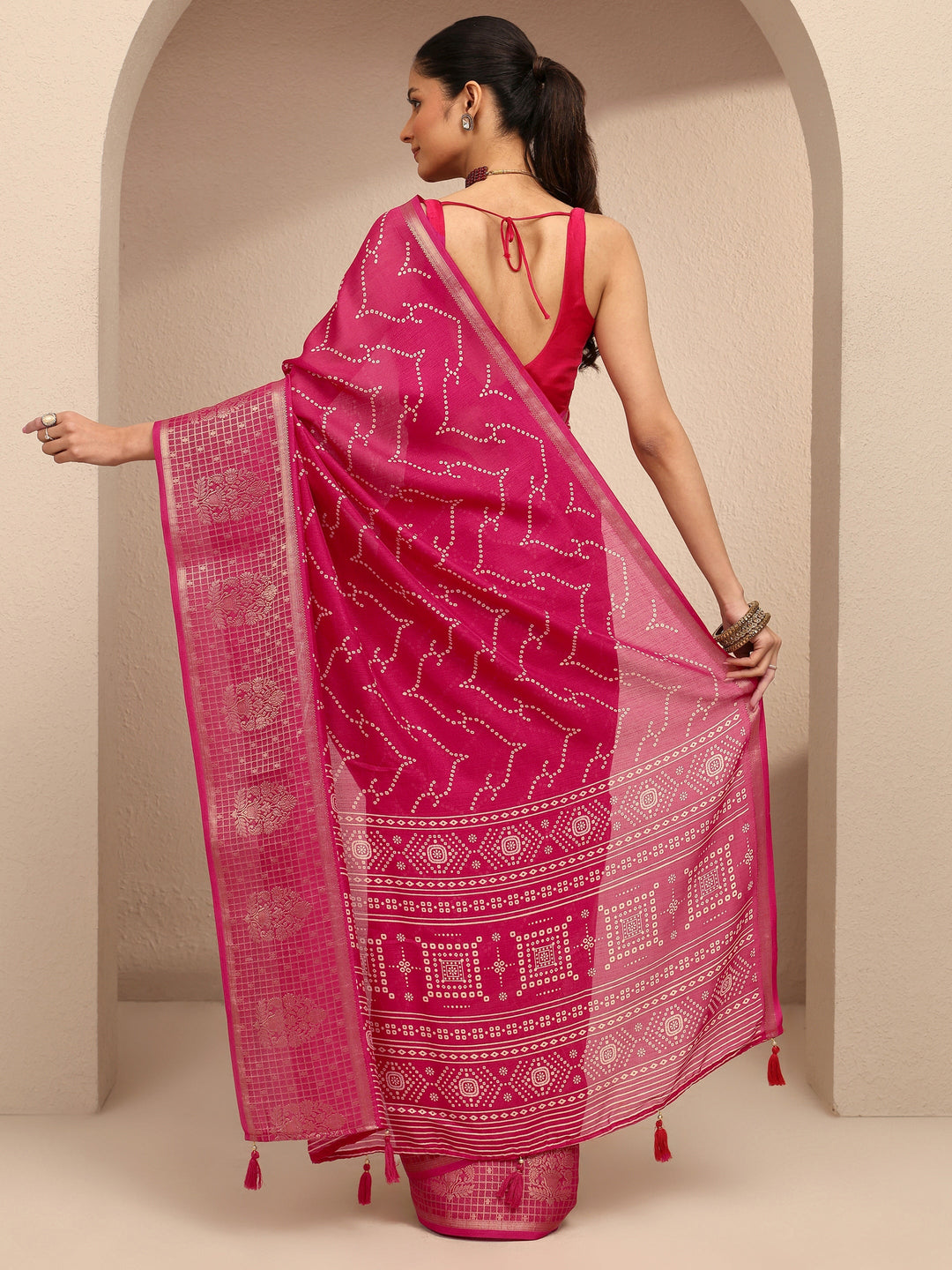  Red Bandhani Printed Silk Blend Saree With Unstitched Blouse Piece 