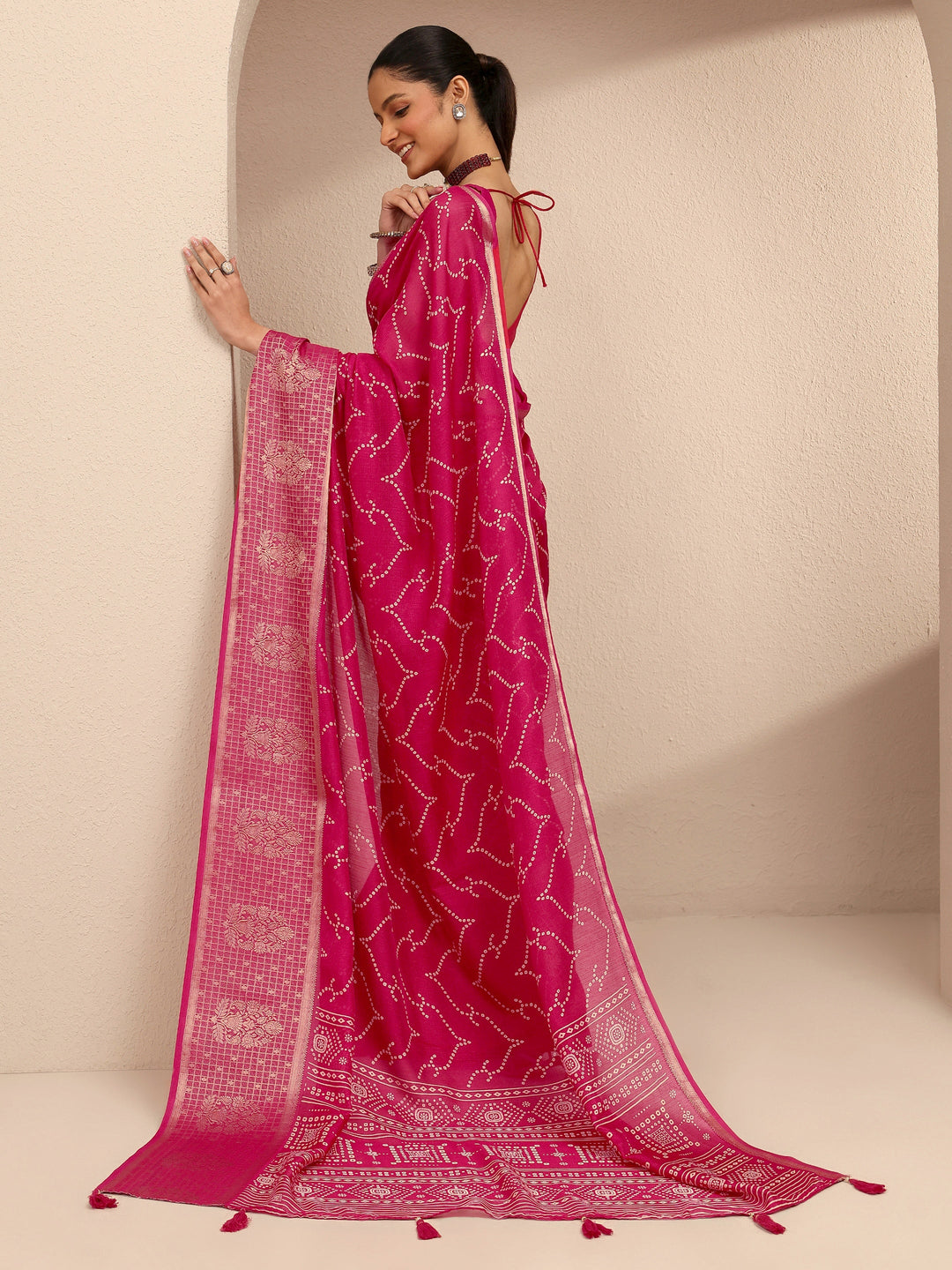  Red Bandhani Printed Silk Blend Saree With Unstitched Blouse Piece 