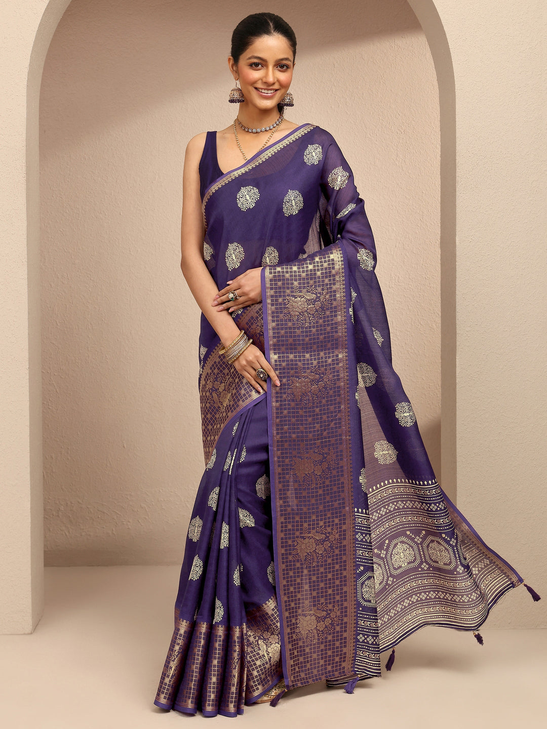  Purple Printed Silk Blend Saree With Unstitched Blouse Piece 
