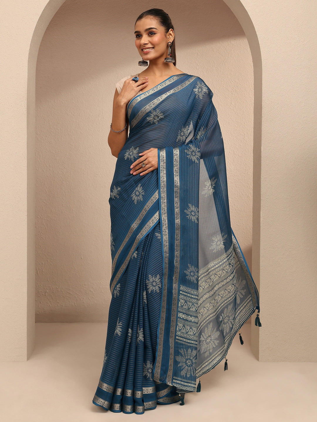  Blue Printed Silk Blend Saree With Unstitched Blouse Piece 