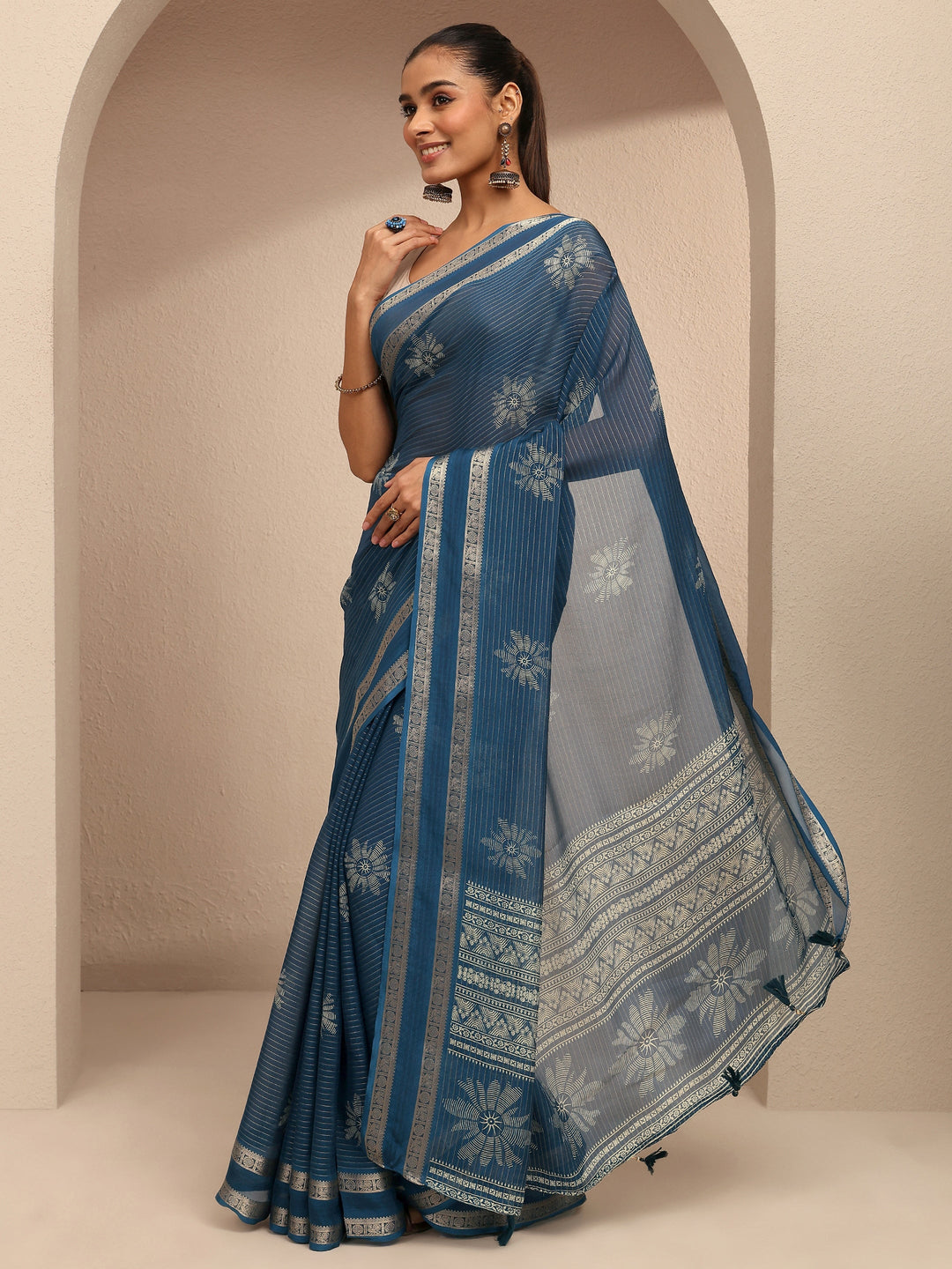  Blue Printed Silk Blend Saree With Unstitched Blouse Piece 