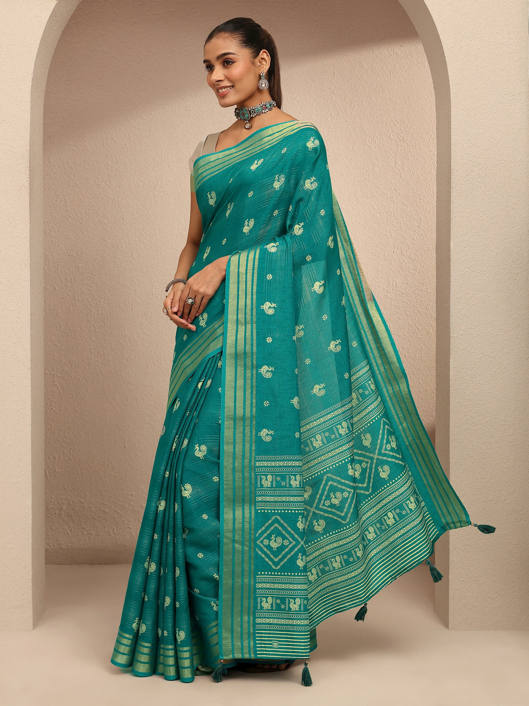  Blue Printed Silk Blend Saree With Unstitched Blouse Piece 
