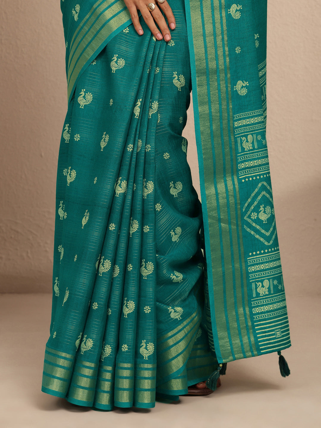  Blue Printed Silk Blend Saree With Unstitched Blouse Piece 