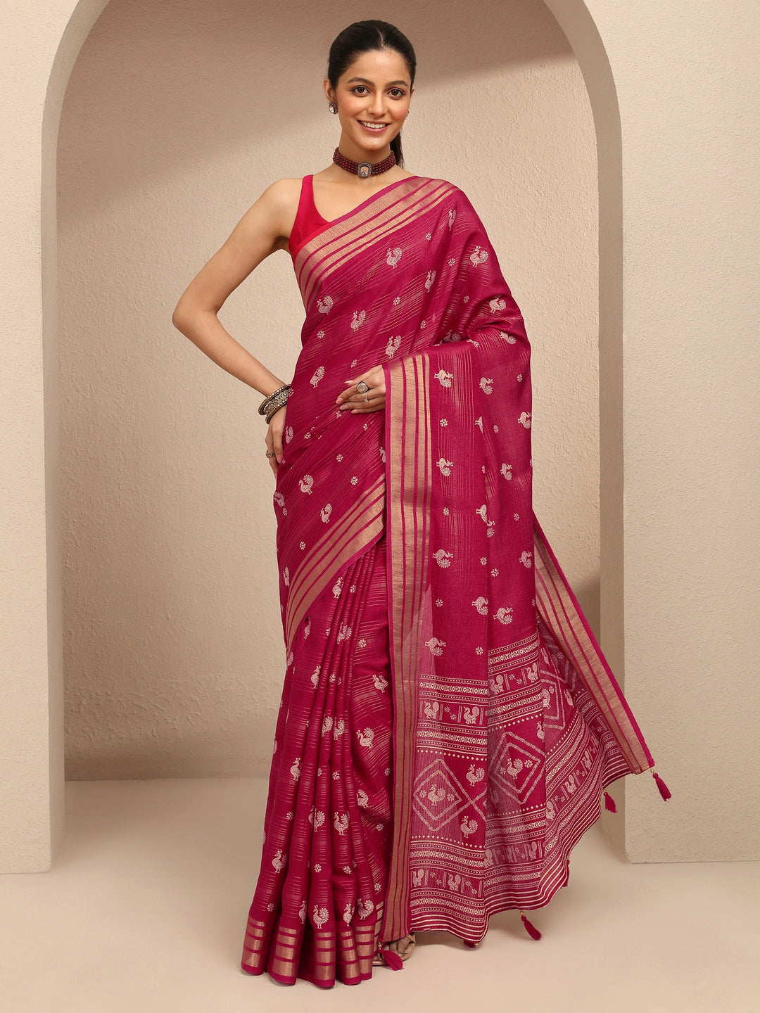  Red Printed Silk Blend Saree With Unstitched Blouse Piece 