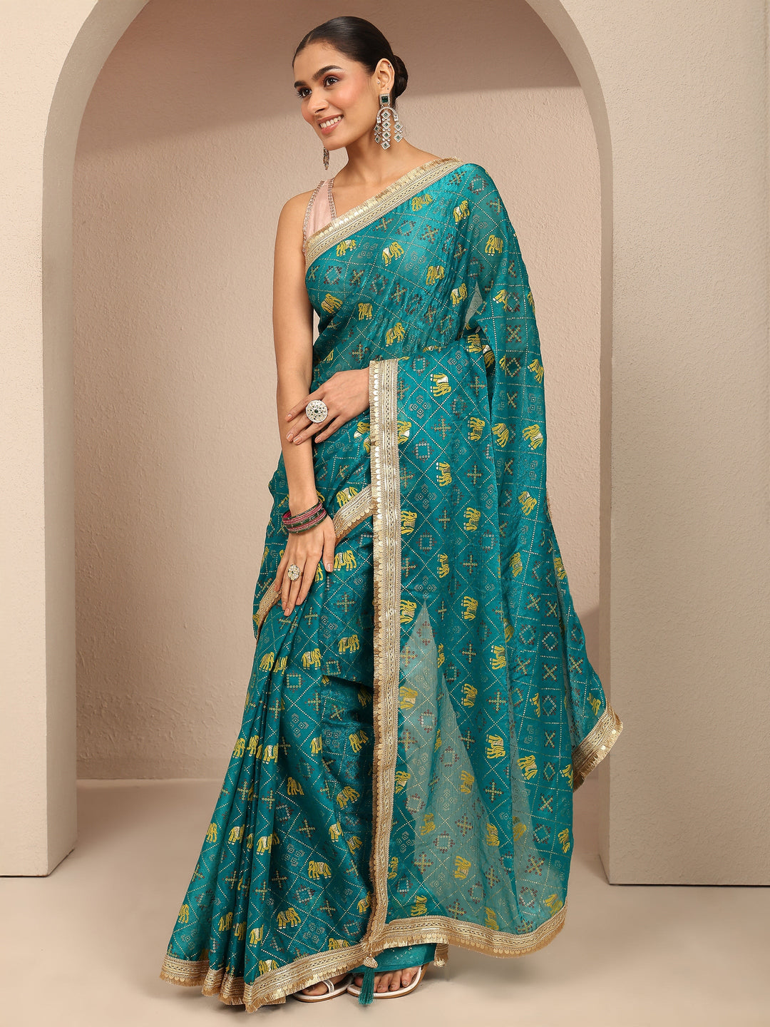  Blue Tribal Printed Silk Blend Saree With Unstitched Blouse Piece 