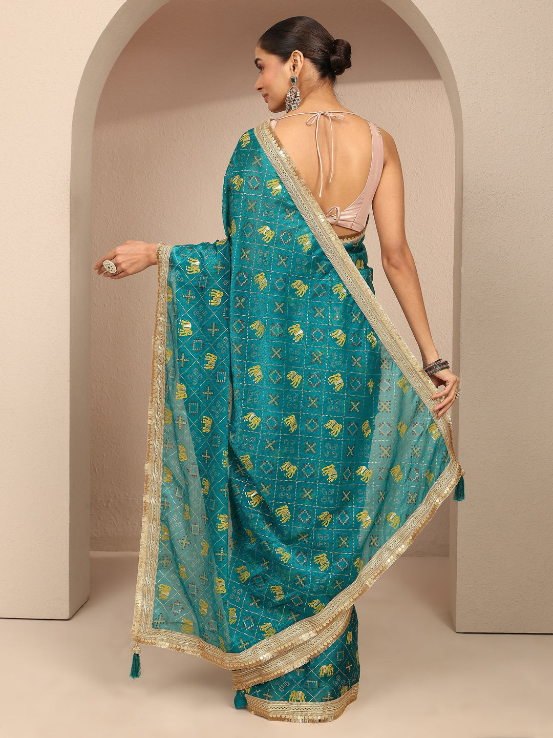  Blue Tribal Printed Silk Blend Saree With Unstitched Blouse Piece 