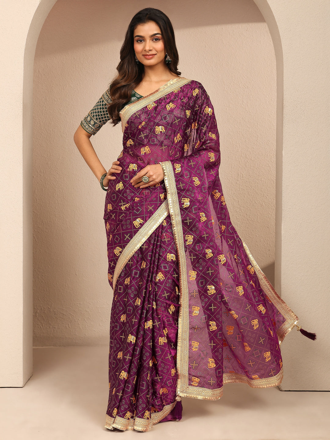  Burgundy Tribal Printed Silk Blend Saree With Unstitched Blouse Piece 