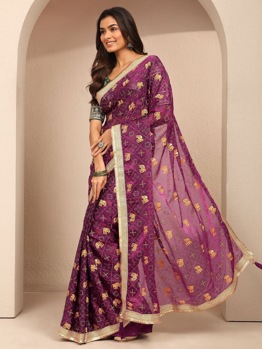  Burgundy Tribal Printed Silk Blend Saree With Unstitched Blouse Piece 