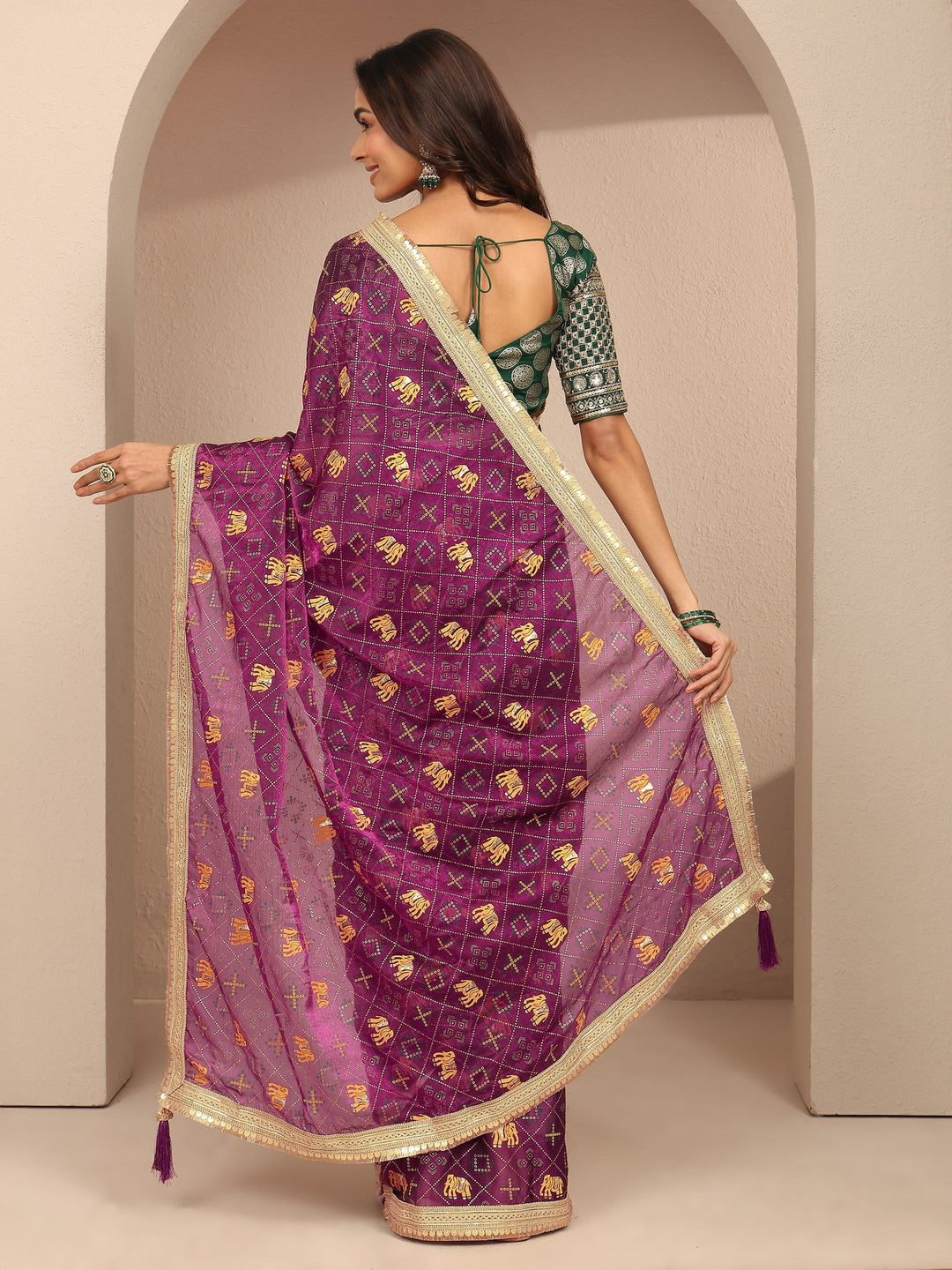  Burgundy Tribal Printed Silk Blend Saree With Unstitched Blouse Piece 