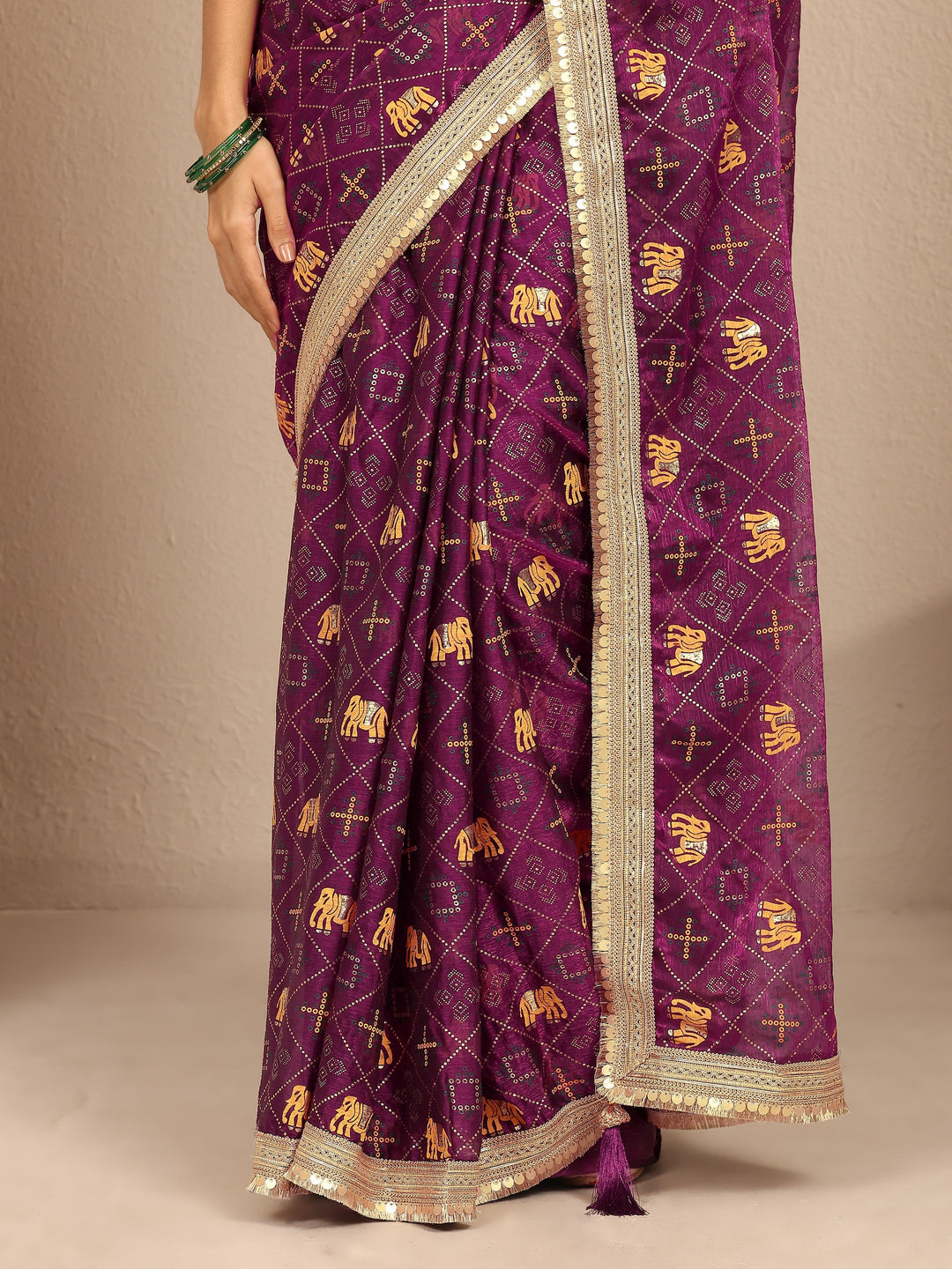  Burgundy Tribal Printed Silk Blend Saree With Unstitched Blouse Piece 