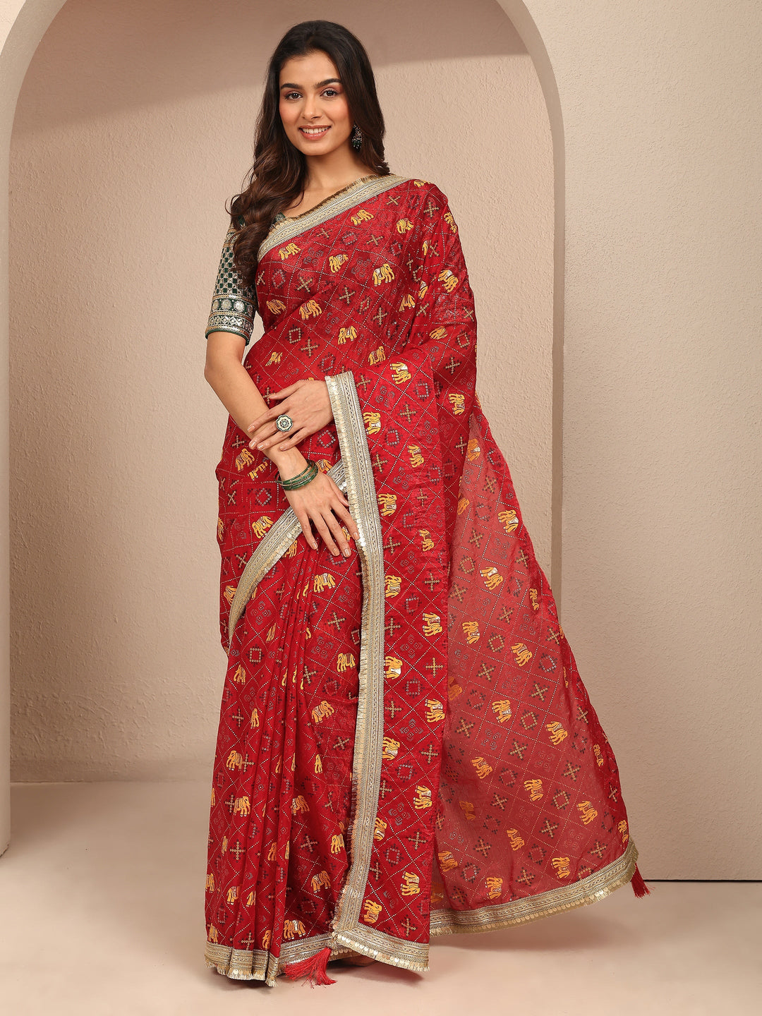  Red Tribal Printed Silk Blend Saree With Unstitched Blouse Piece 