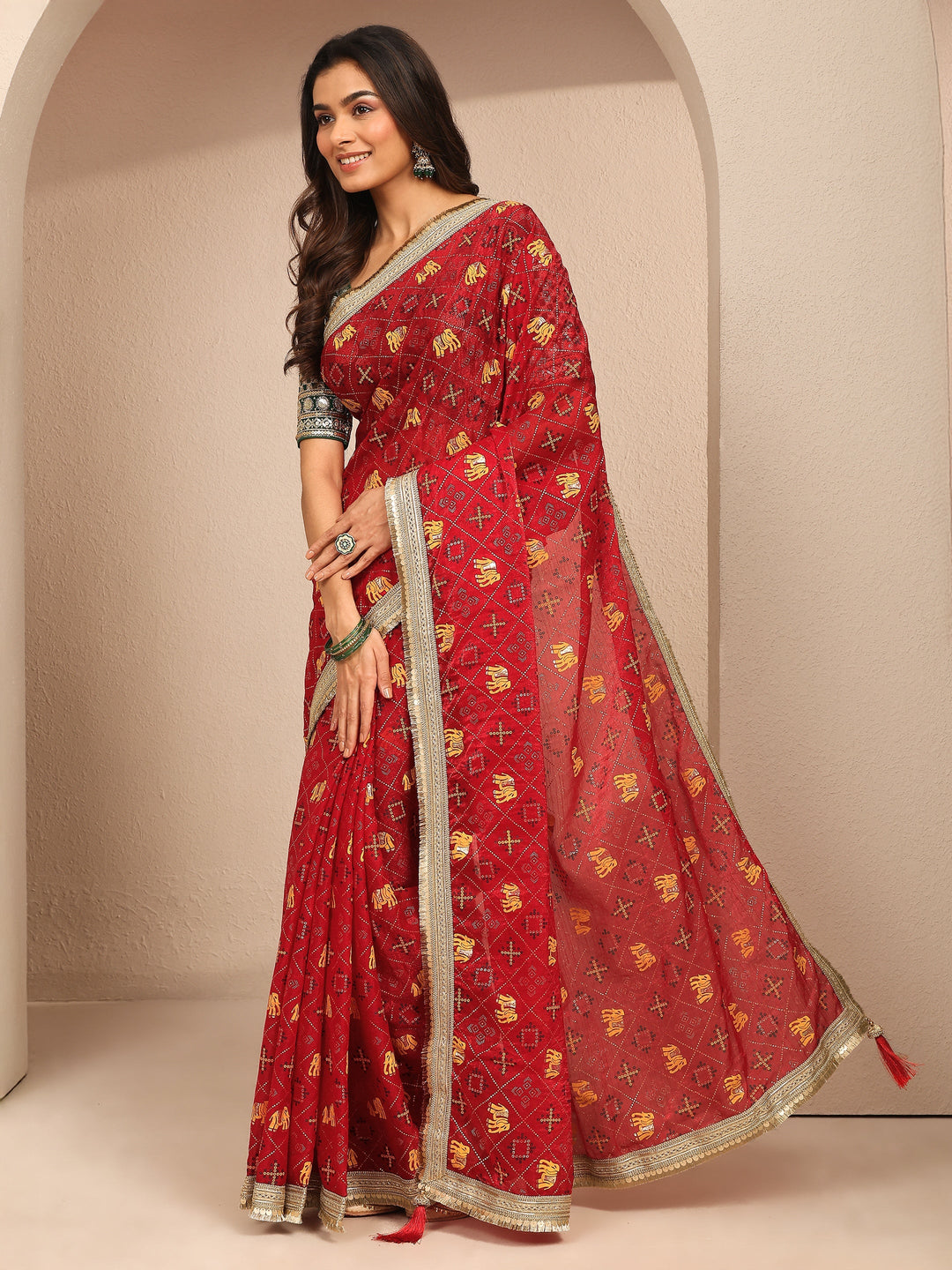  Red Tribal Printed Silk Blend Saree With Unstitched Blouse Piece 