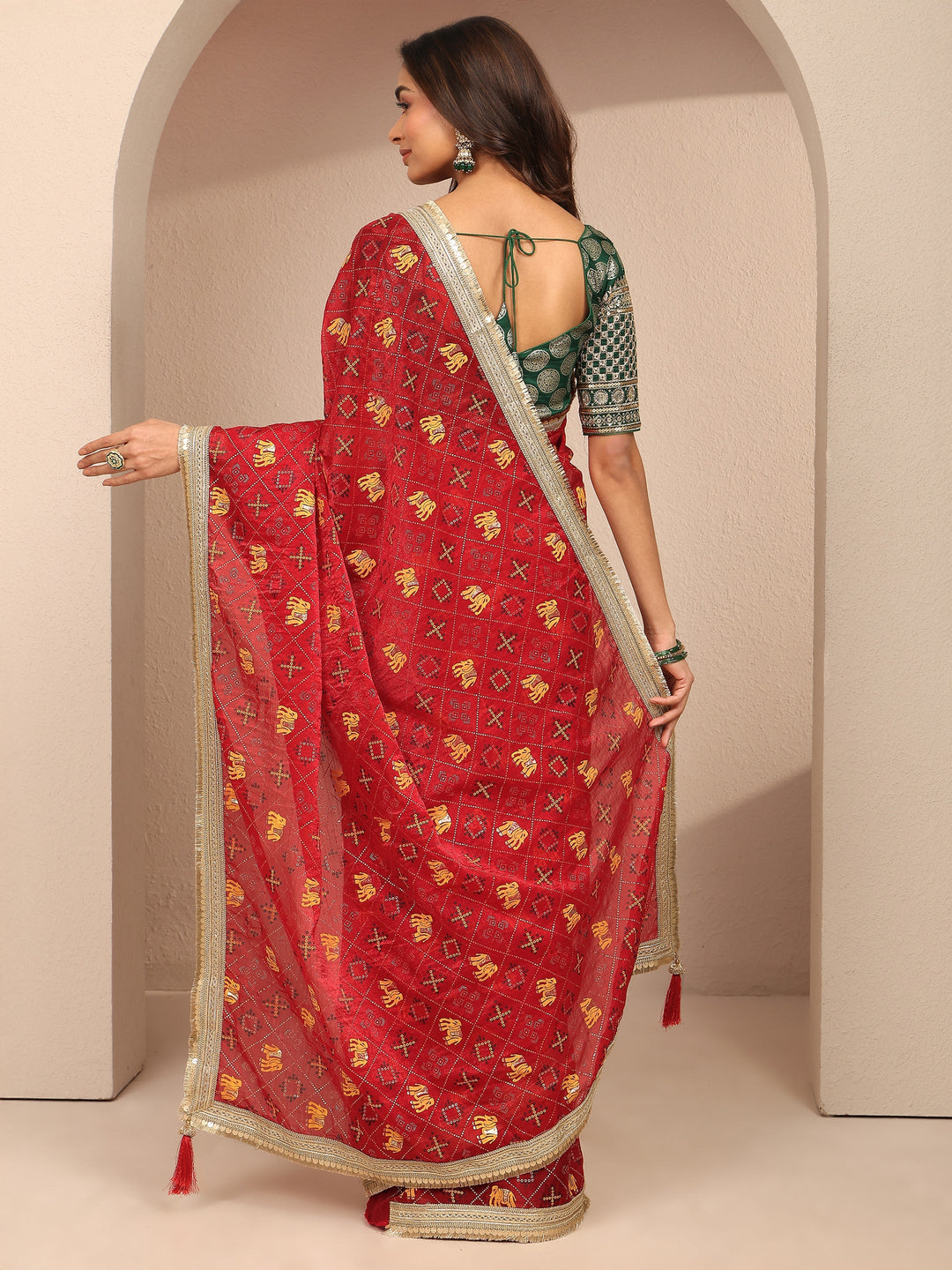  Red Tribal Printed Silk Blend Saree With Unstitched Blouse Piece 
