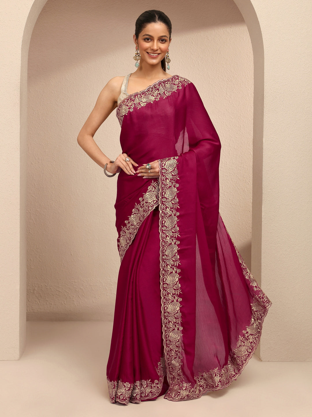  Pink Embroidered Silk Blend Saree With Unstitched Blouse Piece 