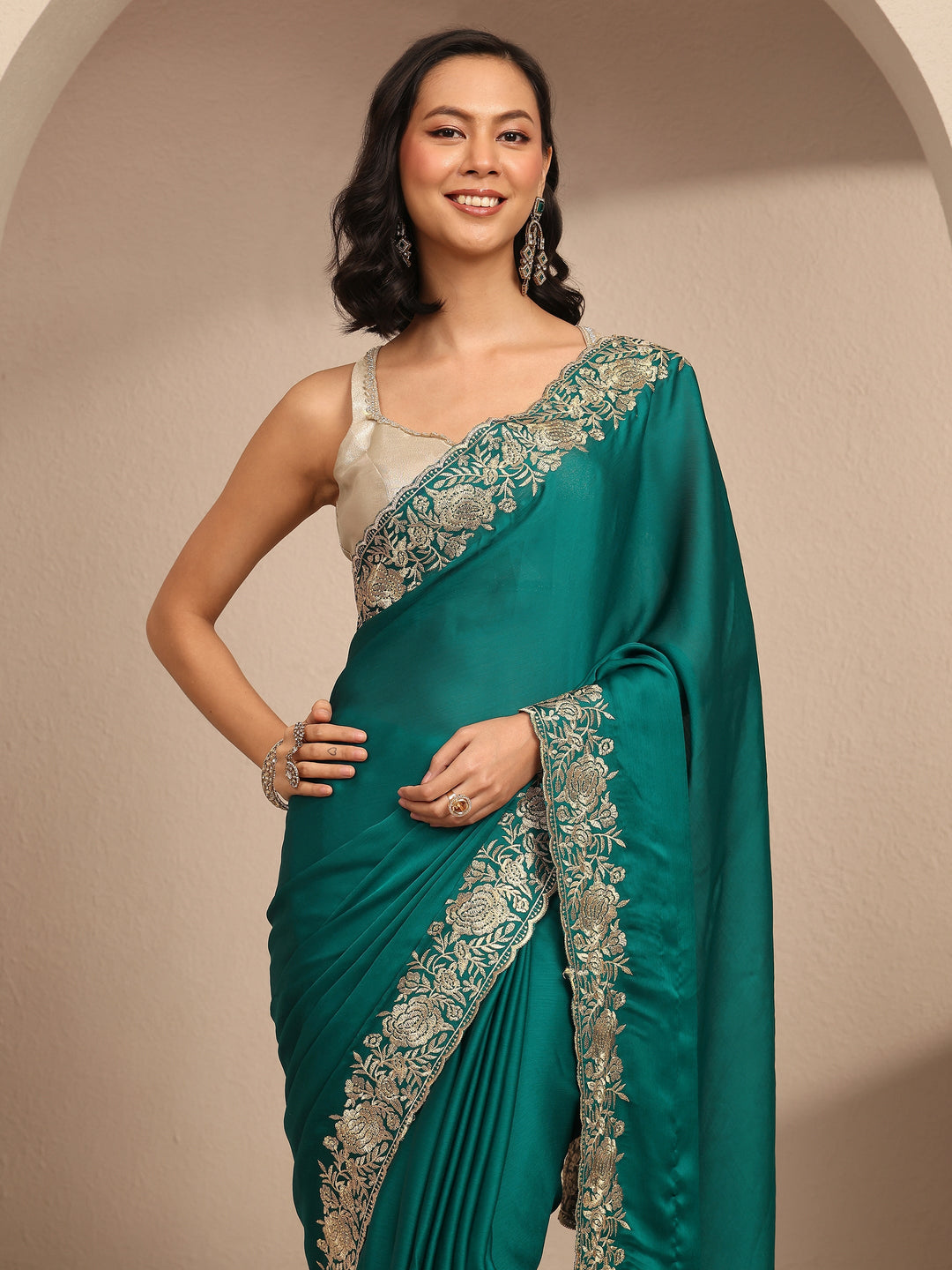  Blue Embroidered Silk Blend Saree With Unstitched Blouse Piece 