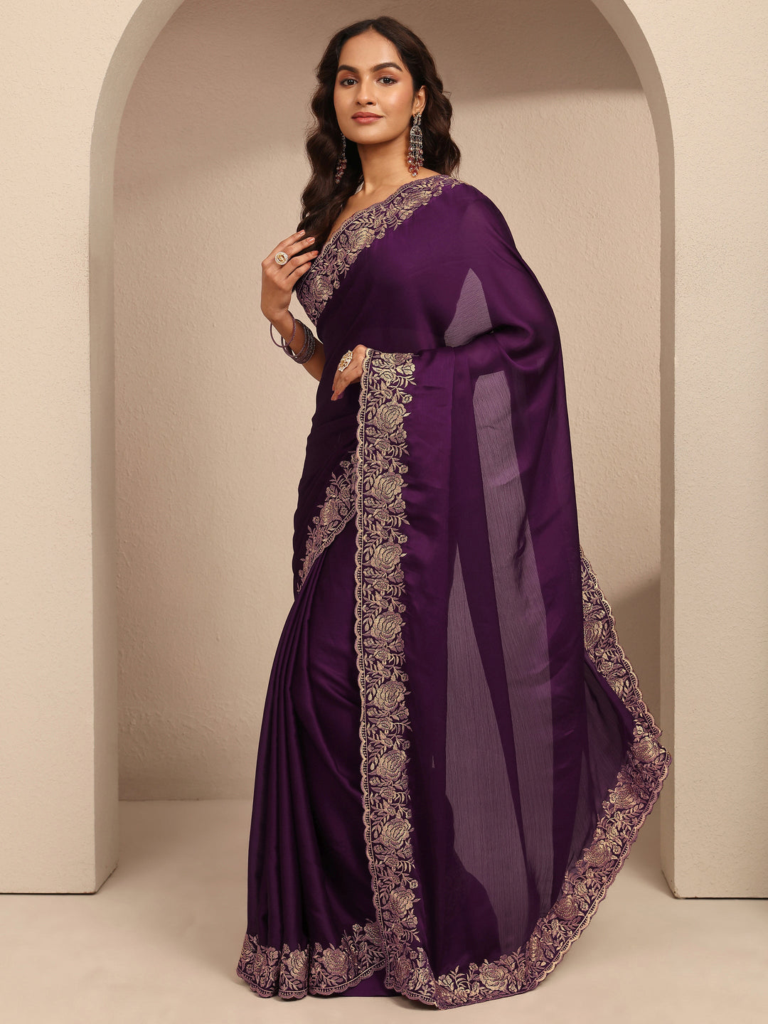  Burgundy Embroidered Silk Blend Saree With Unstitched Blouse Piece 