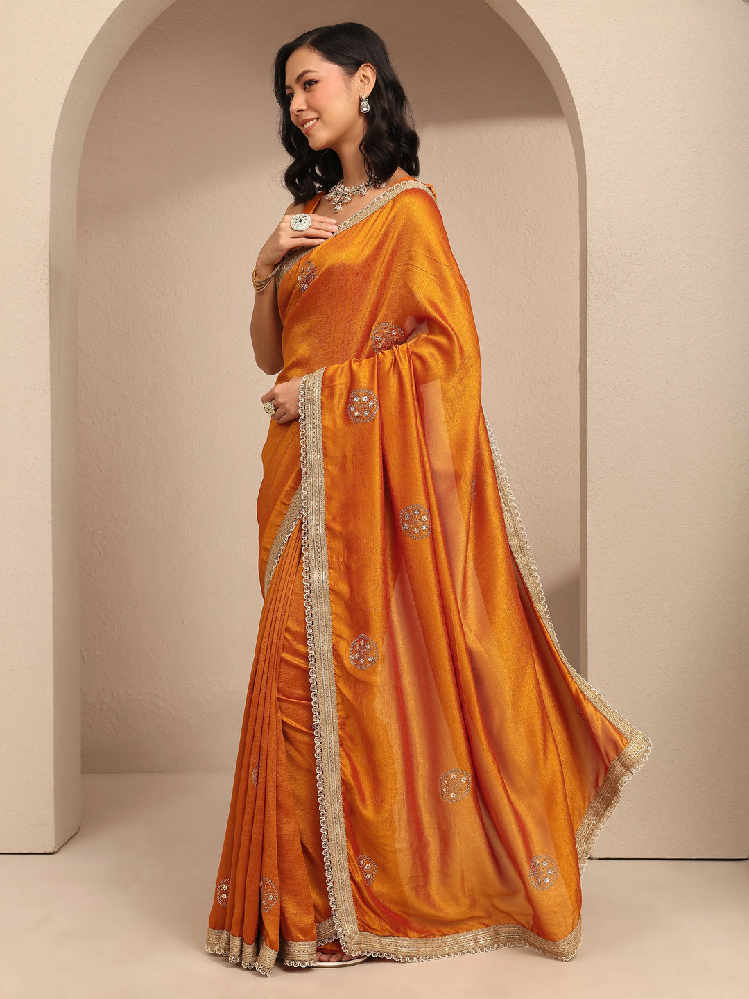  Mustard Embellished Silk Blend Saree With Unstitched Blouse Piece 