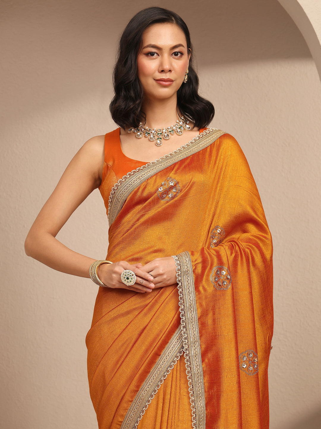  Mustard Embellished Silk Blend Saree With Unstitched Blouse Piece 